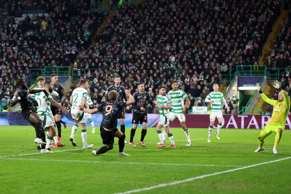 An unmarked Kane volleys past Schmeichel to score Bayern’s second (Getty Images)