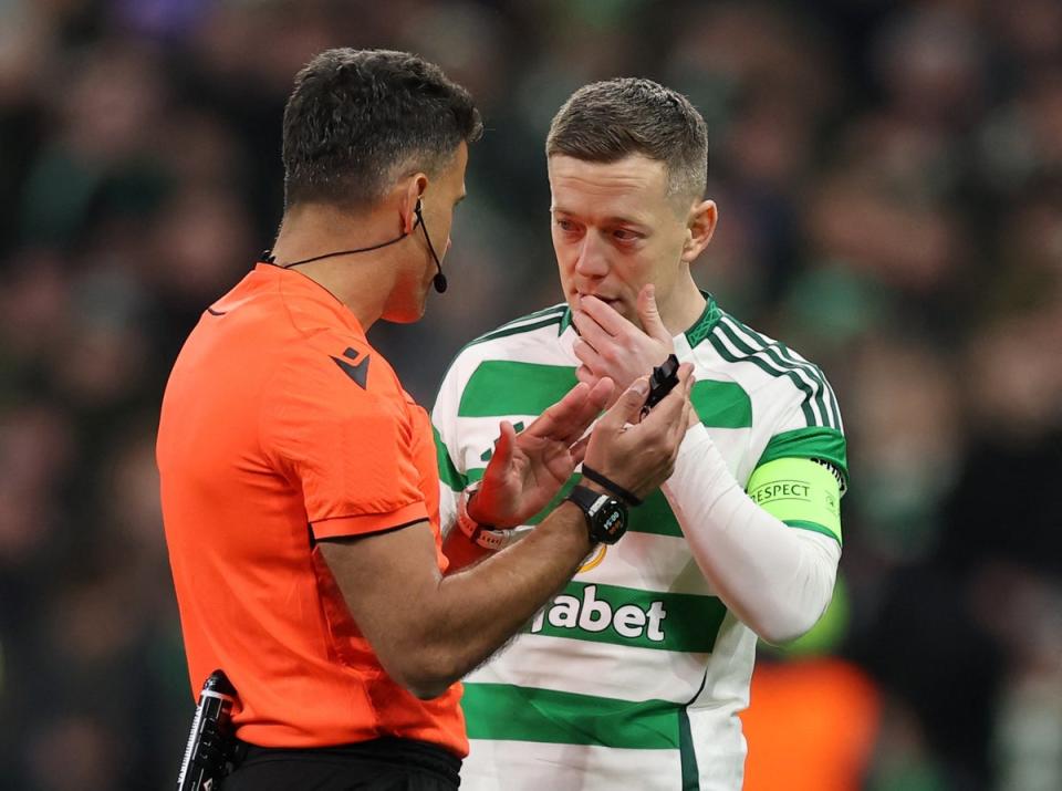 Celtic's Callum McGregor speaks with referee Jesus Gil Manzano after Kuhn's goal is disallowed (Action Images via Reuters)