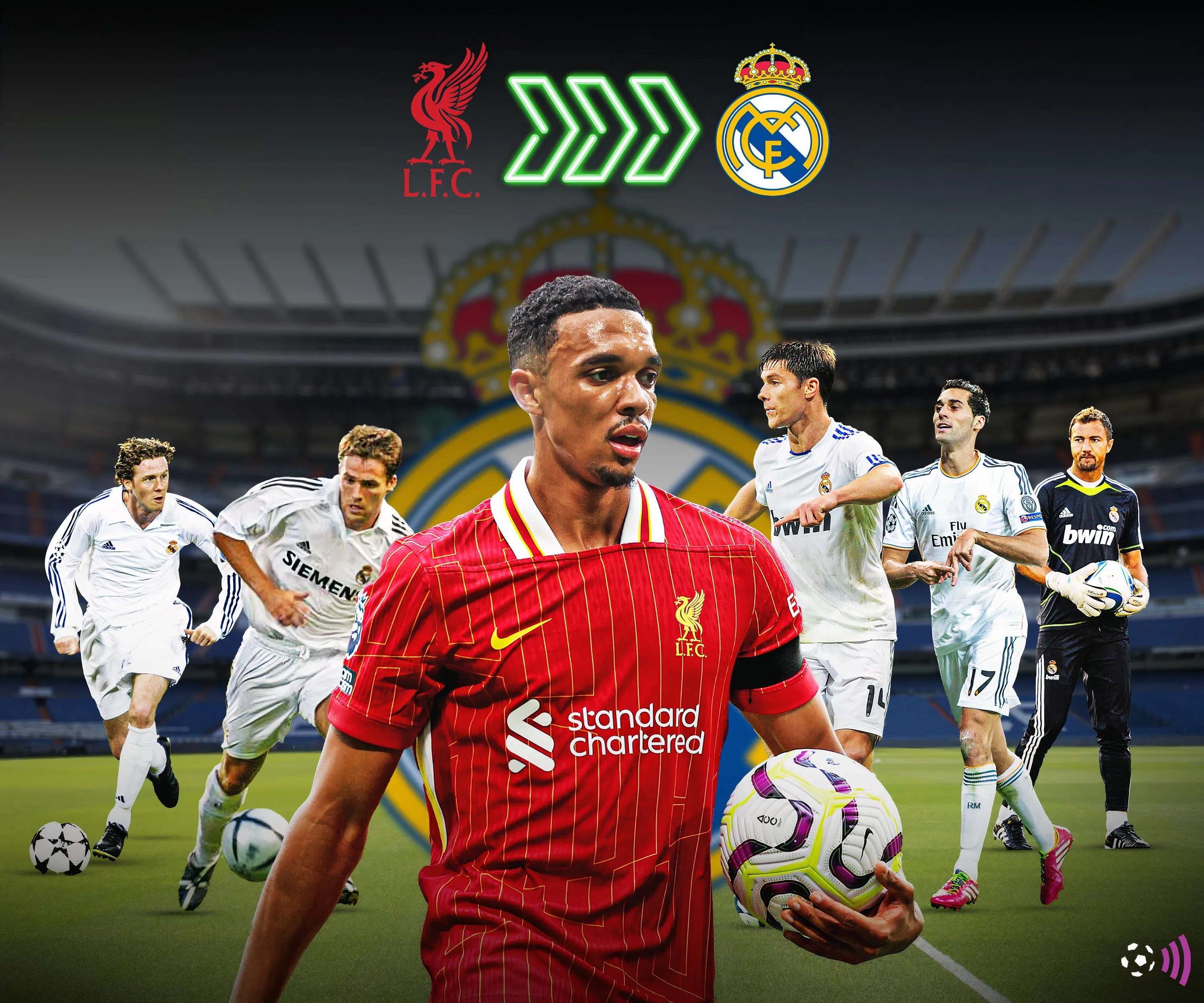Hình ảnh ghép Trent Alexander-Arnold với các cựu cầu thủ Liverpool từng khoác áo Real Madrid như Michael Owen, Steve McManaman, Xabi Alonso