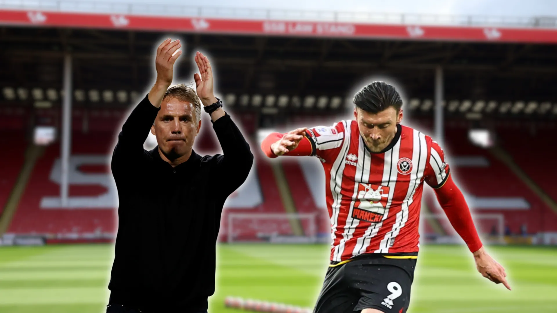 HLV Phil Parkinson và Kieffer Moore trong bối cảnh sân vận động Bramall Lane